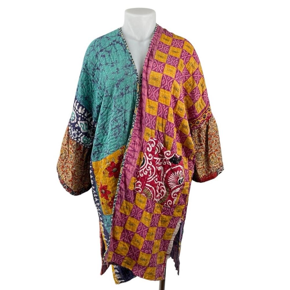 Rahab's Rope Reversible Kantha Stitch Midi Kaftan Duster Coat Jacket Free Size
